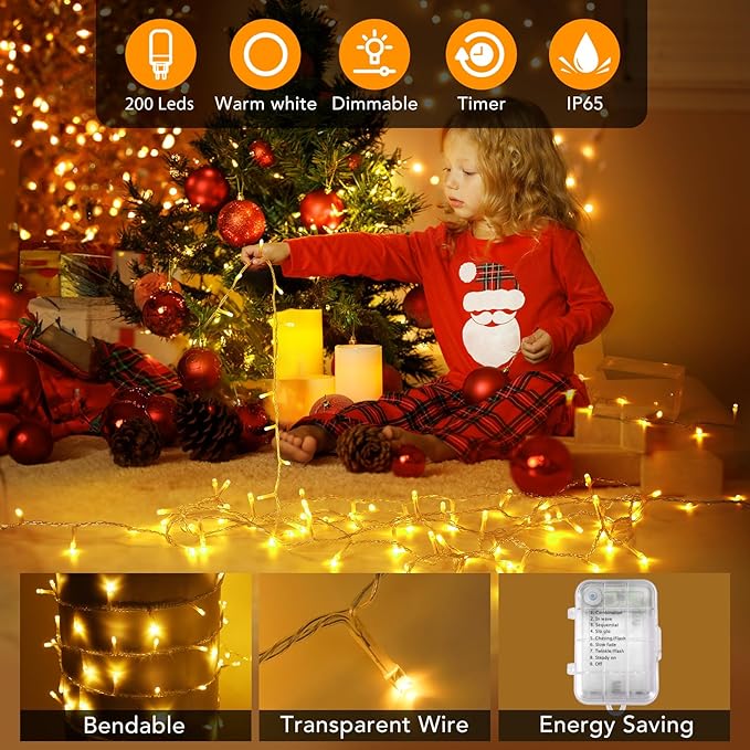 2 Pack 16.5Ft 100 LED Fairy Lights Battery Powered, Outdoor Waterproof Warm White String Lights with Remote, Dimmable Twinkle Lights for Bedroom Wedding Party Classroom Tree Christmas Decoration