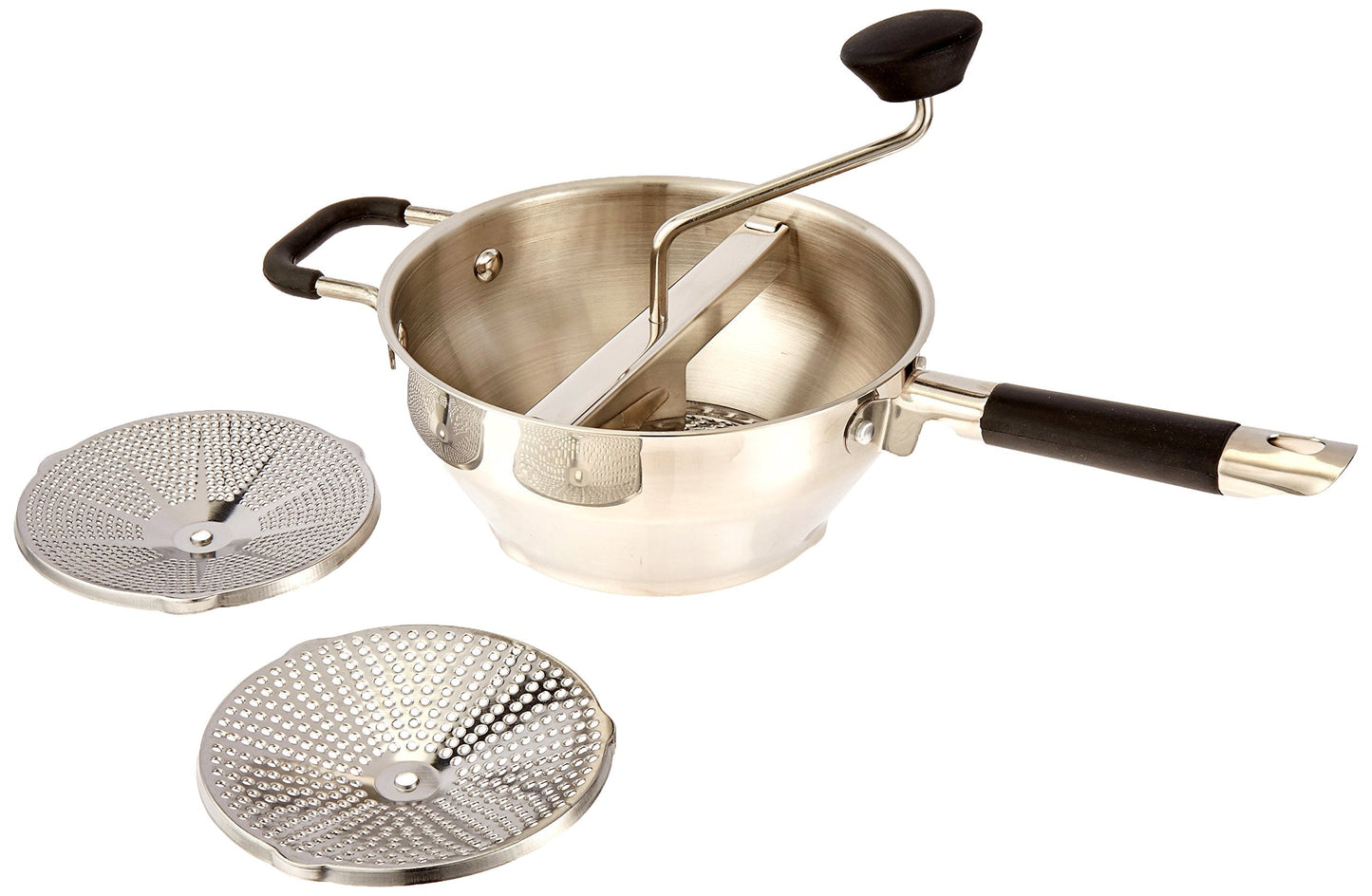 ExcelSteel Food Mill W/3 Grinding Sizes, 17" x 8.25" x 3.75", for Versatile Textures in Soups, Sauces, and Foods, Medium