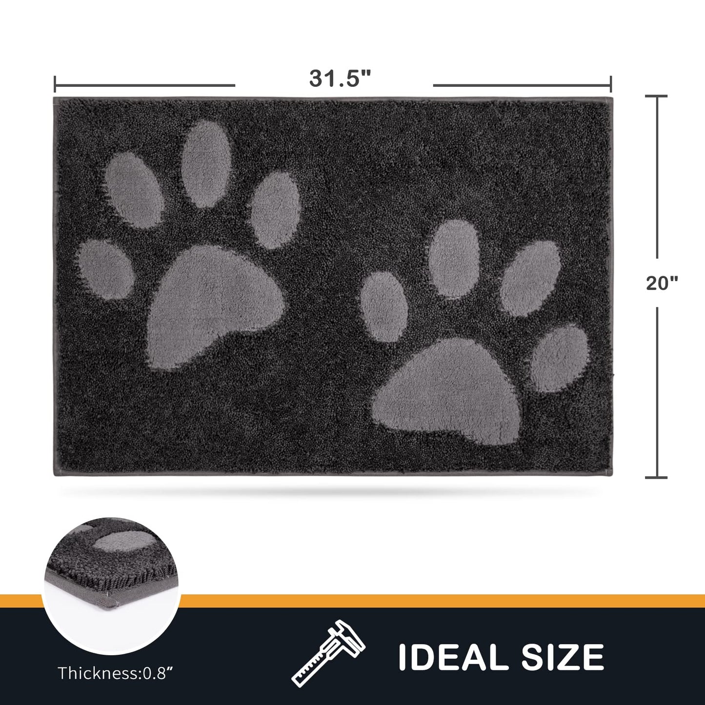 PURRUGS Dirt Trapping Door Mat 20" x 31.5", Non-Skid/Slip Machine Washable Microfiber Entryway Rug, Dog Doormat, Super Absorbent Welcome Mat for Muddy Wet Shoes and Paws, Charcoal
