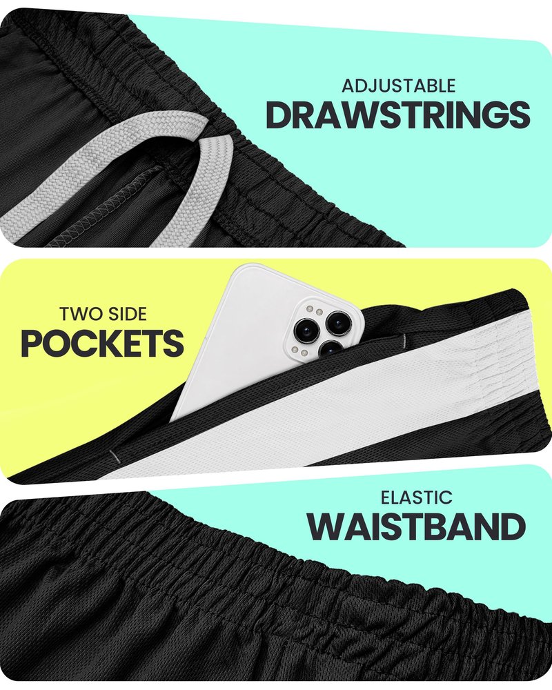 NY Threads Men's Athletic Shorts Quick Dry Loose-Fit Lightweight Running Workout Gym Shorts with Pockets, Large, Black White Panel