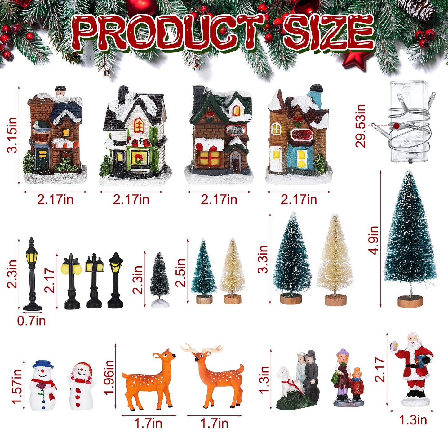 Gerrii 31 Pcs Christmas Village Figurines Decoration Set Lighted LED Christmas Village Houses with Figurines Snow Blanket Roll for Xmas Town Scene Desk Battery Operated Landscape Decor(Santa)