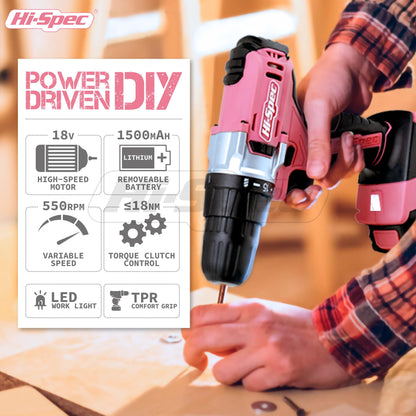 Hi-Spec 81pc Pink 18V Cordless Power Drill Driver Kit for DIY Projects