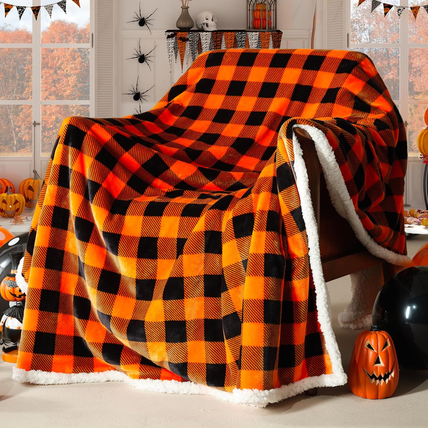BEAUTEX Halloween Blanket, Sherpa Plaid Throw Blankets Fuzzy Fluffy Cozy Soft Throws, Fleece Flannel Plush Microfiber Blanket Halloween Fall Decor for Couch Bed Sofa(50" X 60", Orange)