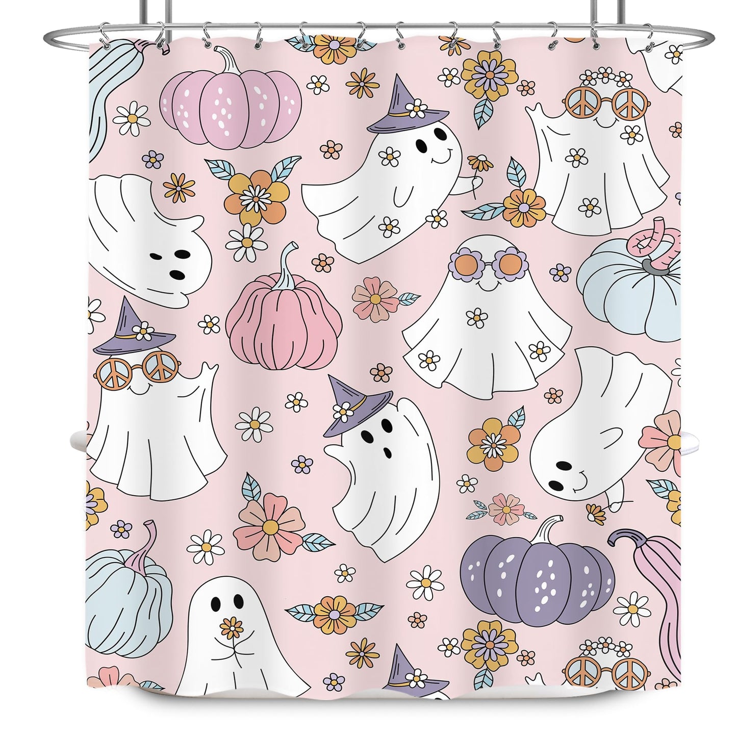 LIGHTINHOME Pink Halloween Shower Curtain 60Wx72H Inches 70s Retro Funny Ghost Y2K Cute Autumn Pumpkin Purple Flower Hippie Groovy Cloth Fabric Waterproof Polyester Bathroom Home Decor Set with Hooks
