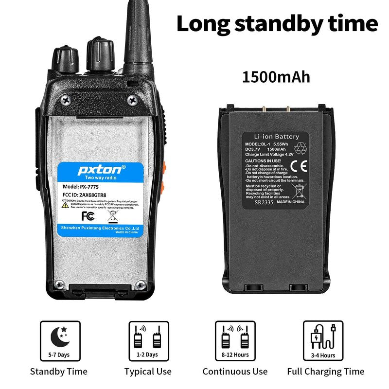 pxton 777S walkie talkies Long Range for Adults Rechargeable with Earpieces and Li-ion Battery,Two Way radios has VOX/TOT/Emergency Alarm/Battery Low Alert/Flashlight/Scan Function（4 Pack）