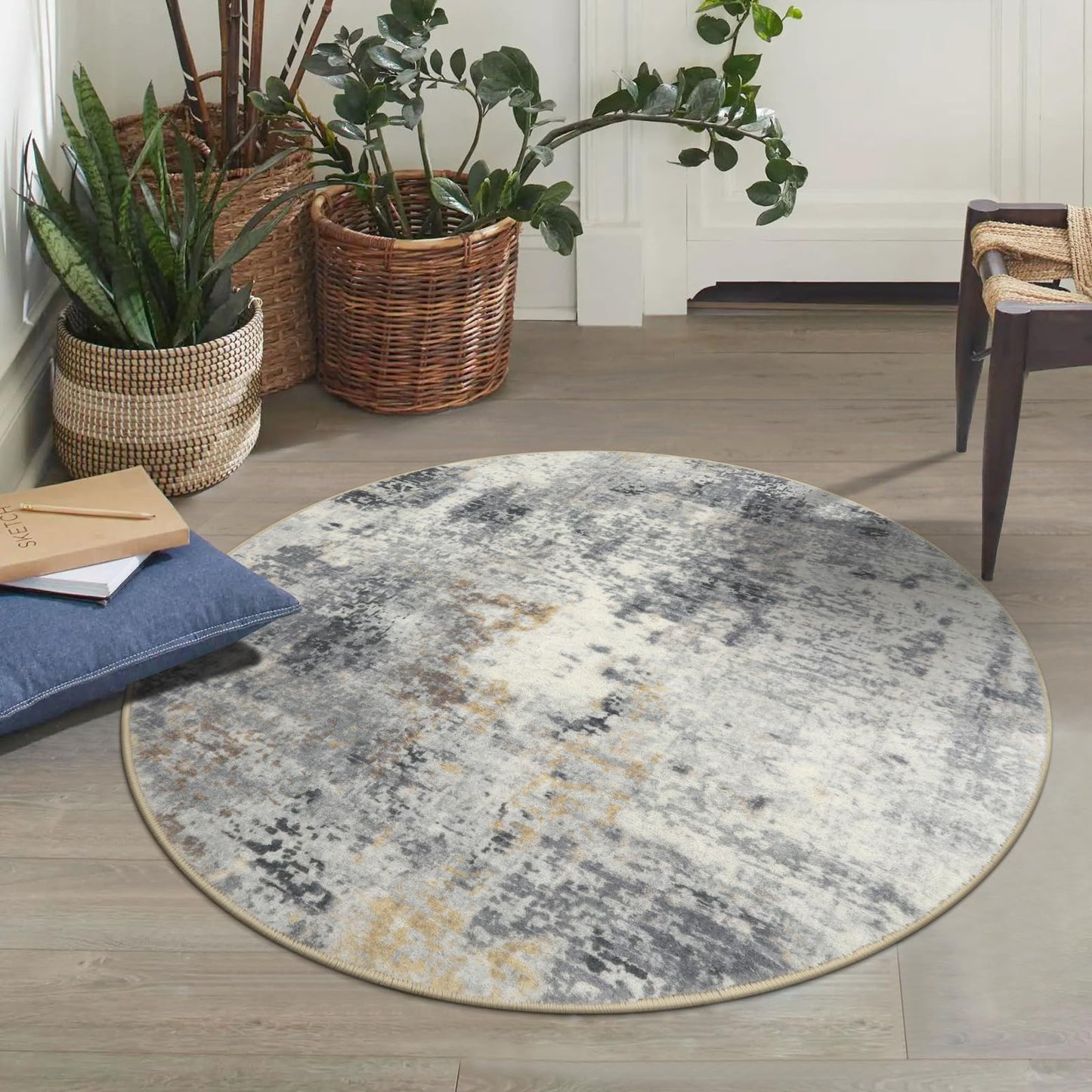 Lahome Modern Abstract Round Rug - 3Ft Small Washable Kitchen Round Area Rug Bedroom 3x3 Circle Mat, Soft Low Pile Non Slip Indoor Throw Carpet for Cabinet Bathroom Home Office, Grey