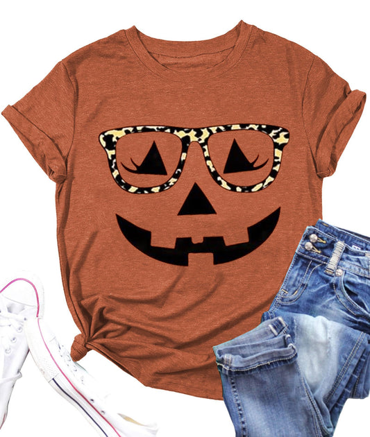 Halloween Shirts for Women Pumpkin Face with Glasses Graphic Fall Shirts Casual Tee Thanksgiving Tops(P24-05BRN,X-Large)