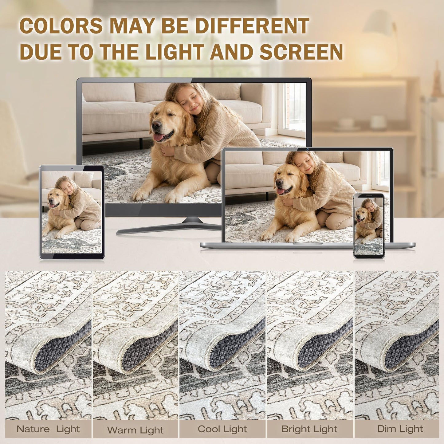 cotiled 5x7 Area Rug Machine Washable Vintage Carpet for Living Room Bedroom Soft Non-Slip Backing Floor Mat Kid & Pet Friendly Stain Resistant Light Brown