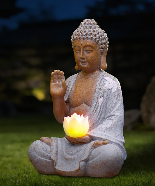 Nacome Solar Buddha Garden Statue Decor: Sitting Resin Figurine with Lotus Flower Light Zen Sculpture for Patio Lawn Yard Porch Balcony Meditation Space - 10.6 inches(White)