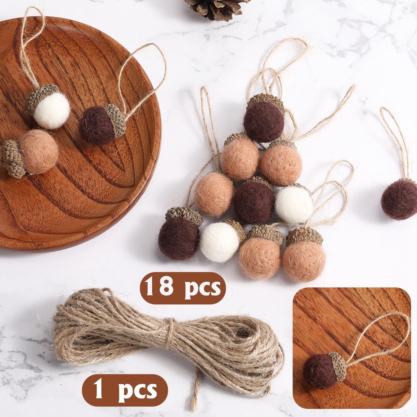 Boao 18 Pcs Felt Acorn Ornaments Fall Thanksgiving Wool Pom Acorn Ball Decor Hanging Pine Cone Garland with 32.8 ft Rope for Christmas Tree Woodland Farmhouse Mantel Wall Decor