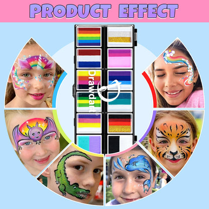 Drawdart Professional Face Painting Kit for Kids Adults, Rainbow Split Cake Face Paint Palette 12 x 10gm+ 4 Colors Pro Pressed Glitter Eyeshadow Palette, with Brushes Sponges Gems Stencils