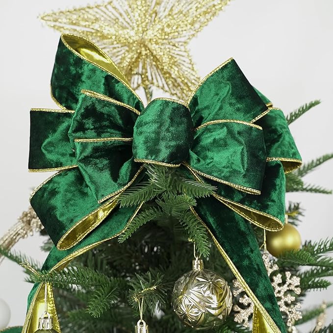 MEEDEE Crushed Green Velvet Ribbon with Gold Back 2.5 inch Double Sided Christmas Wired Ribbon 10 Yards for Christmas Tree Decoration, Baskets, Wreaths, Holiday Projects, Wedding Decor and Accents