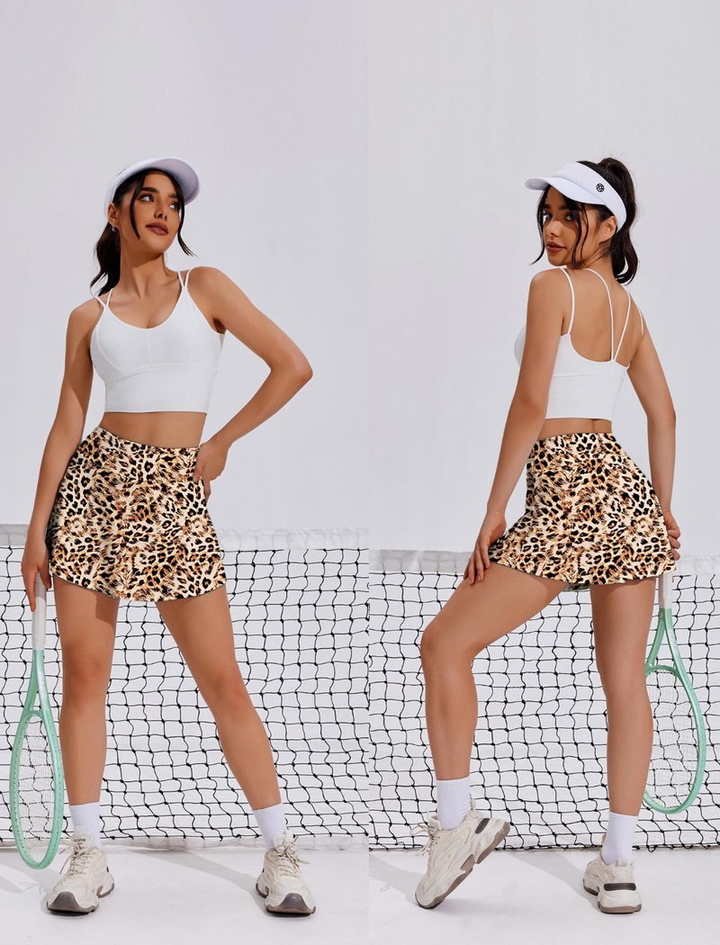 PINSPARK Womens Pleated Tennis Skirt with Pockets Lightweight Athletic Golf Skorts Skirts for Running Workout,Leopard Small