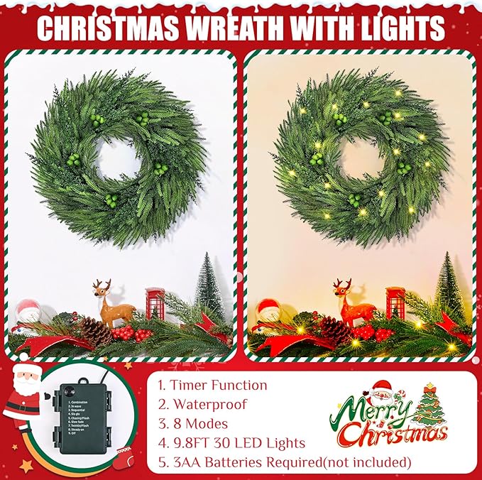 24 Inch Christmas Wreaths for Front Door, Real Touch Norfolk Pine Wreath Large Christmas Wreath with Lights, Winter Wreaths Christmas for Outdoor Indoor Windows Xmas Decor
