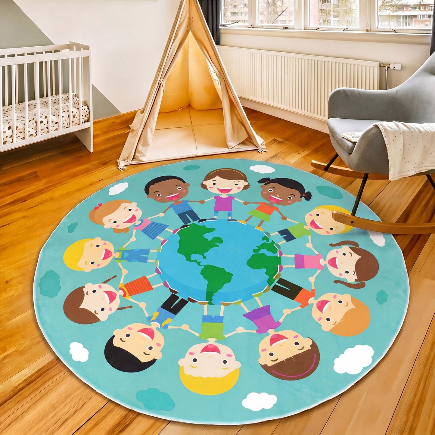 Klyyo Clyro 6 Ft Large Classroom Round Rug Elementary, Classroom Reading Corner Rug Back to School Reading Corner for Preschool Kindergarten Learning Space Playroom Nursery(Children of the World)