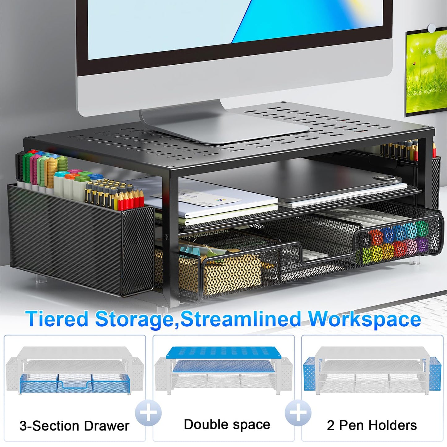 gianotter Desk Organizers and Accessories, Monitor Stand with Drawer and 2 Pen Holder, Desktop Organizer Suitable for Offices and Dormitories(Black)