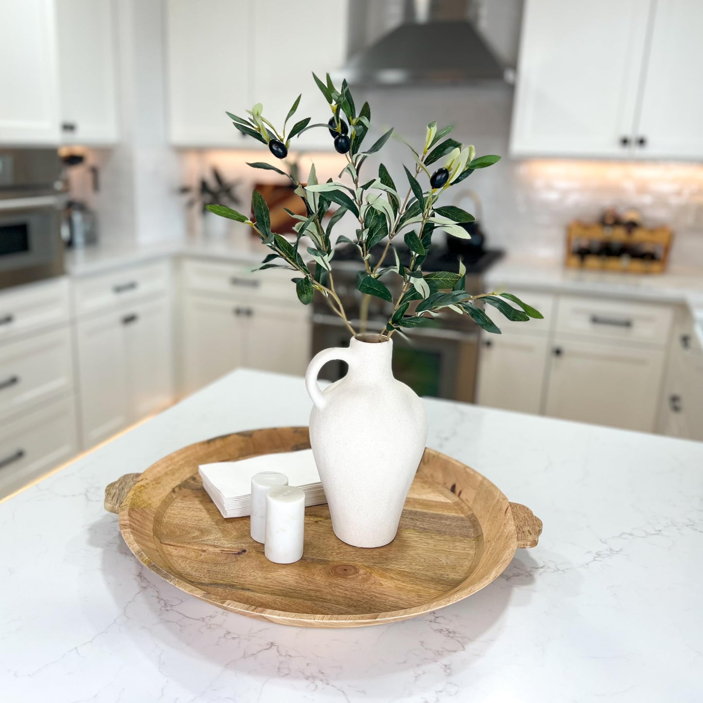 Luxurious Gift Set Textured Ceramic Vase 10 Inch with Olive Branches 22 Inch Tall White Medium Vase Artificial Topiaries Fake Plants, Minimalist Shelf Decor, Neutral Home Office High End Gifting Decor