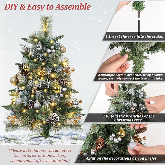 Set of 2 Outdoor Pathway Christmas Trees, 30” Battery Operated Pre-Lit Frosted Xmas Tree with 35 LED Lights, 8 Flash Modes, Holiday Décor for Porch, Yard with Berries/Pine Cones/Balls