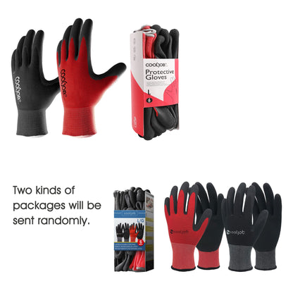 COOLJOB Gardening Gloves for Men, 6 Pairs Work Gloves Men, Durable Garden,Rubber Coated Safety Working for Power Grip, Men’s Large Size Fits Most, Black & Red (Half Dozen L)