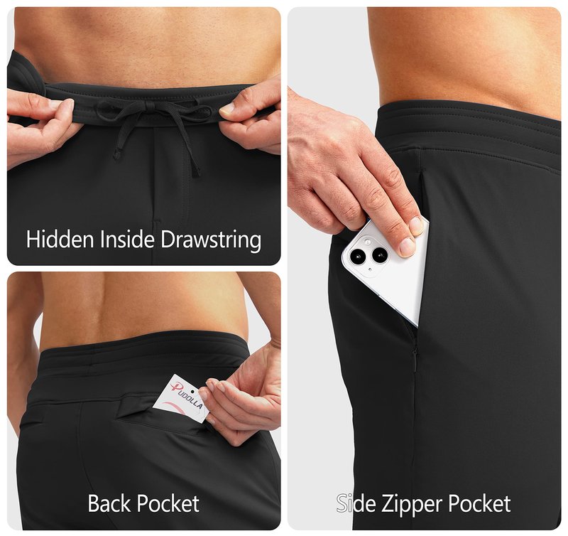 Pudolla Men's Golf Pants Stretch Sweatpants with Zipper Pockets Slim Fit Work Casual Joggers Pants for Men (Black Large)