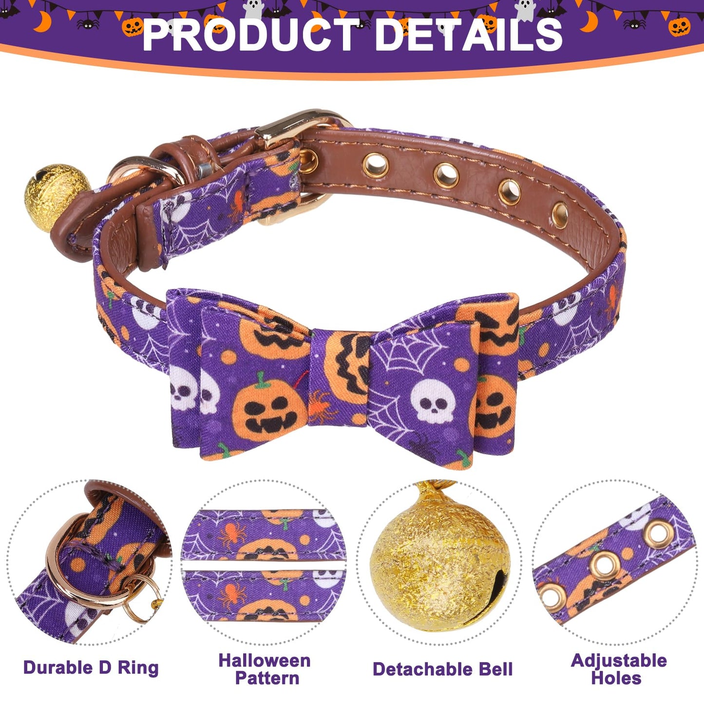 EXPAWLORER Halloween Dog Collar and Leash Set - Dog Bow Tie and Dog Bandana Collar with Bell, Dog Leash Tangle Free, Adjustable Collars for Small Medium Large Dogs Cats, Holiday Ideal Gift for Pets