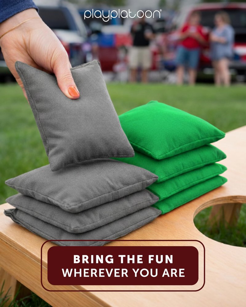 Play Platoon Weather Resistant Cornhole Bags - Set of 8 Regulation Corn Hole Bean Bags - Green & Gray - Durable Duck Cloth Corn Hole Bag for Tossing Game, Includes Tote Bag