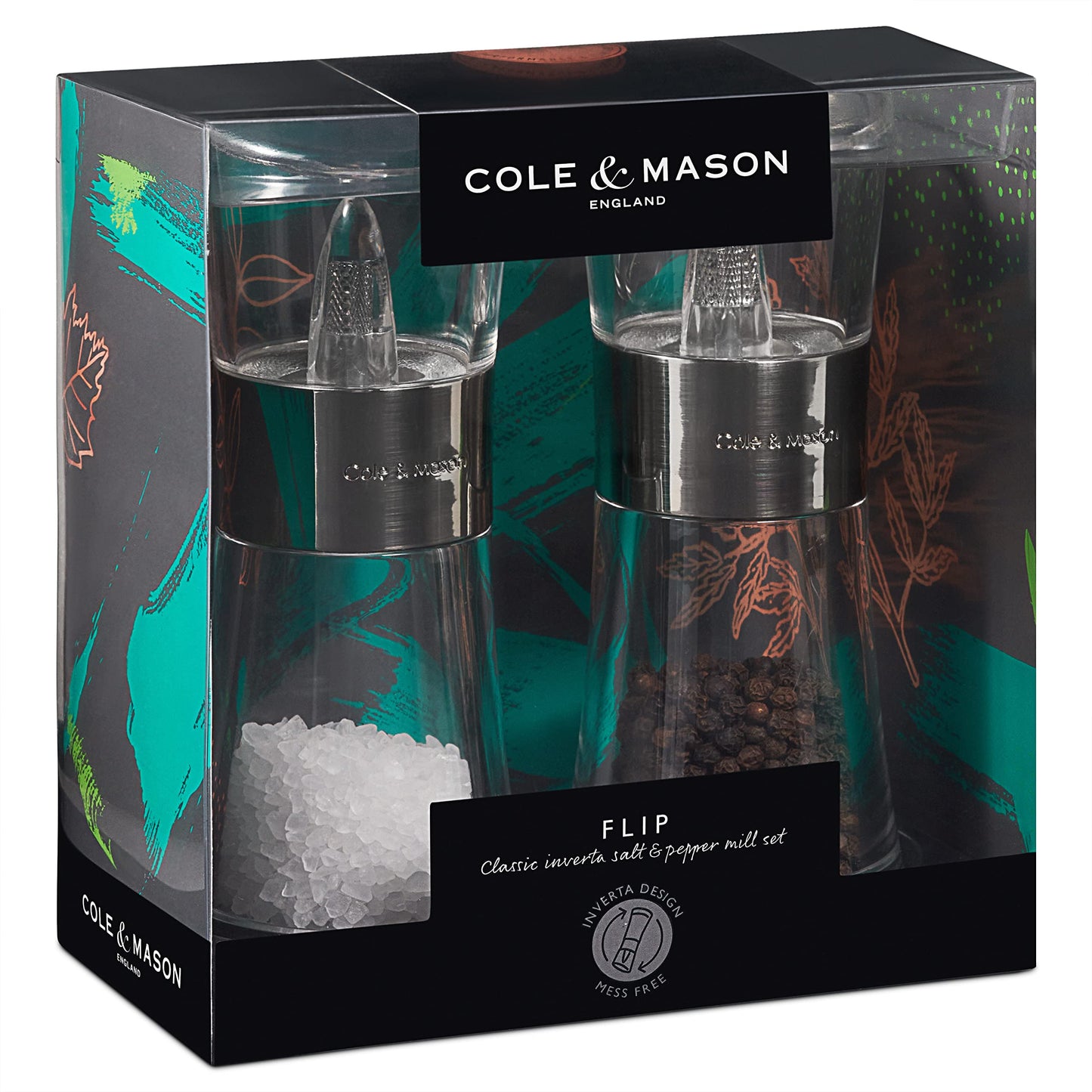 Cole & Mason Flip 180 Chrome Salt and Pepper Mill Set, Adjustable Coarseness, Ceramic Mechanism, Acrylic, 154 mm, Filled Salt and Pepper Grinders
