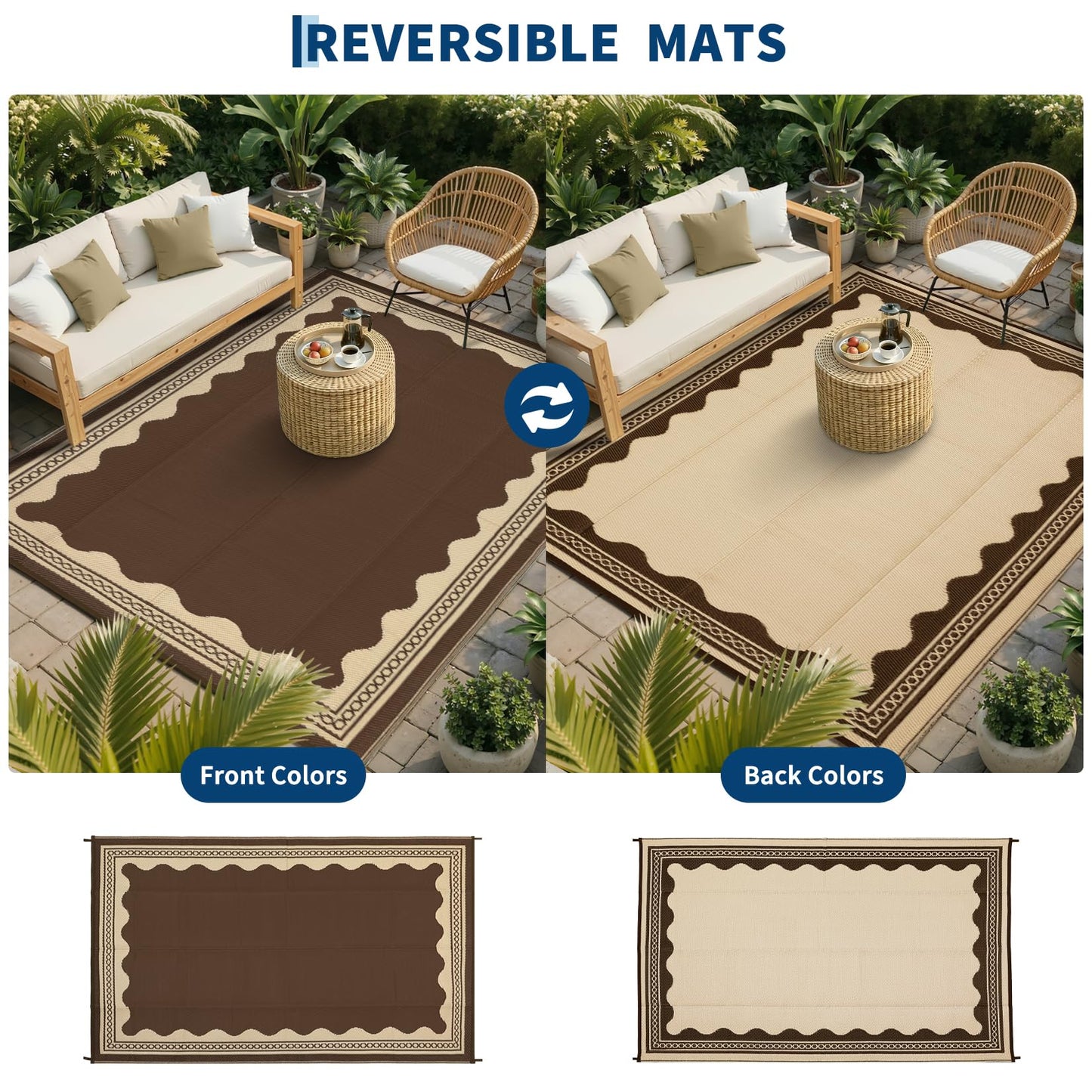 Garvee Outdoor Rug 5x8 Scalloped Waterproof Patio RV Outdoor Rugs Reversible Foldable Plastic Straw Rug Modern Camping Carpet for Deck Camper Porch Balcony Backyard Picnic Beach Brown