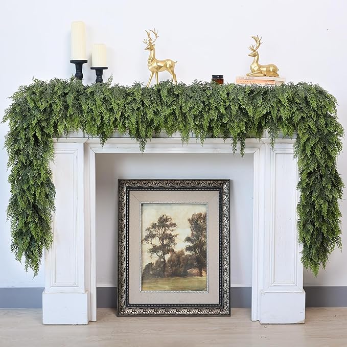 16FT Real Touch Cedar Garland for Fireplace - Artificial Christmas Garlands Realistic Faux Greenery Fake Pine Needles Garland for Holiday,Table, Window,Mantel,Stairs, Home,Indoor Outdoor Decor (1PCS)