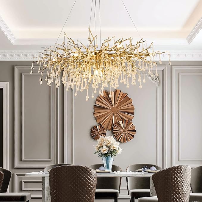 Modern Crystal Rectangular Chandelier for Dining Room, 47.24inch Gold Branch Lighting Raindrop Large Kitchen Island Hanging Light Fixture for High Ceiling Living Room Bedroom Foyer