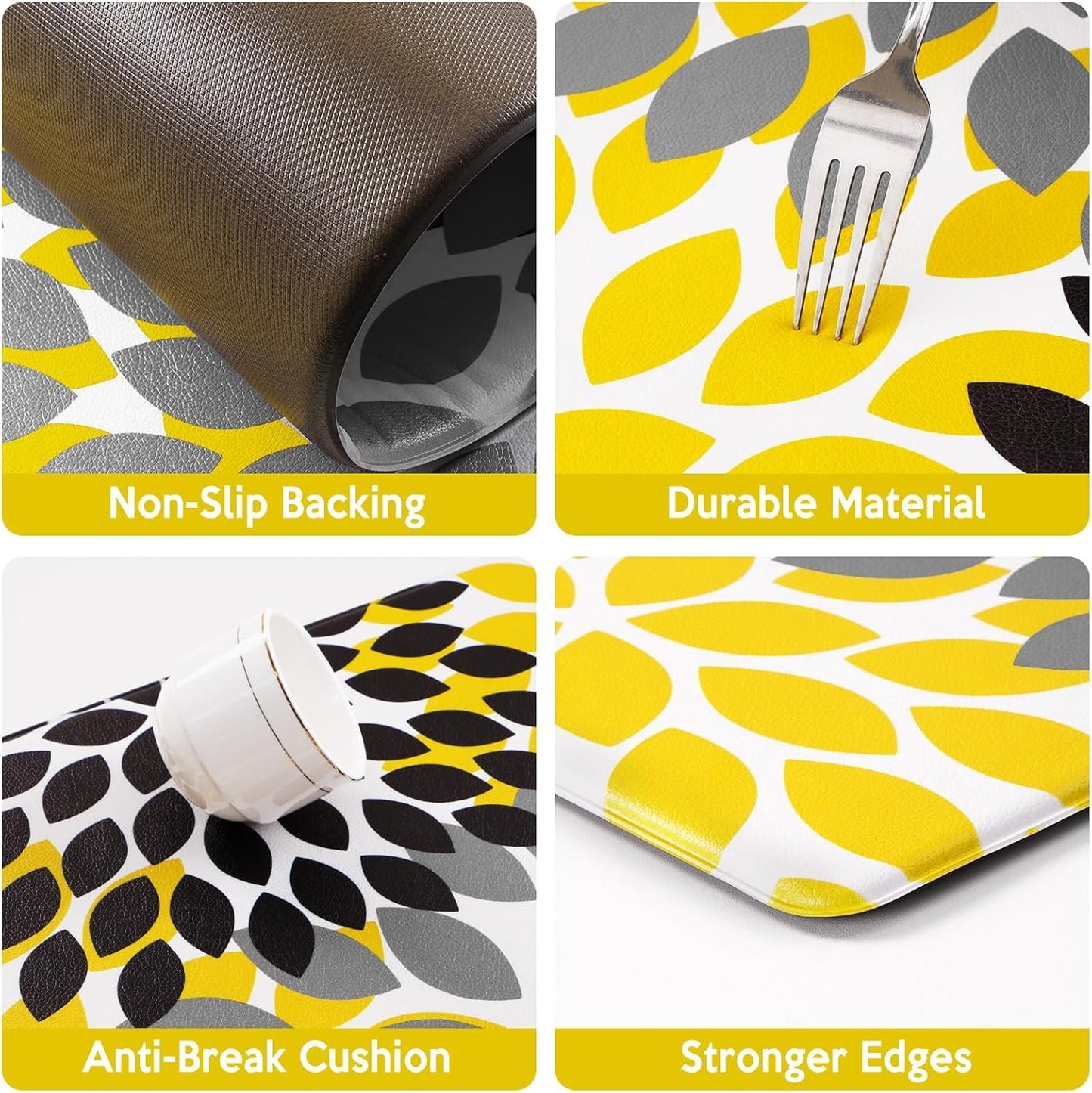 Likiyol Kitchen Mats for Floor Anti-Fatigue Comfort Kitchen Rugs, Boho Flower Cushioned Waterproof Kitchen Decor Mat Thick, 18''x60'', Yellow