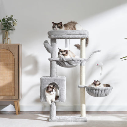 Heybly Cat Tree, 39.4 Inches Tower Condo with Scratching Post, Cat Tower for Indoor Cats, Fully Wrapped Sisal Pole, Soft Platform, 2 Baskets and Dangling Toy, Light Gray HCT006SW