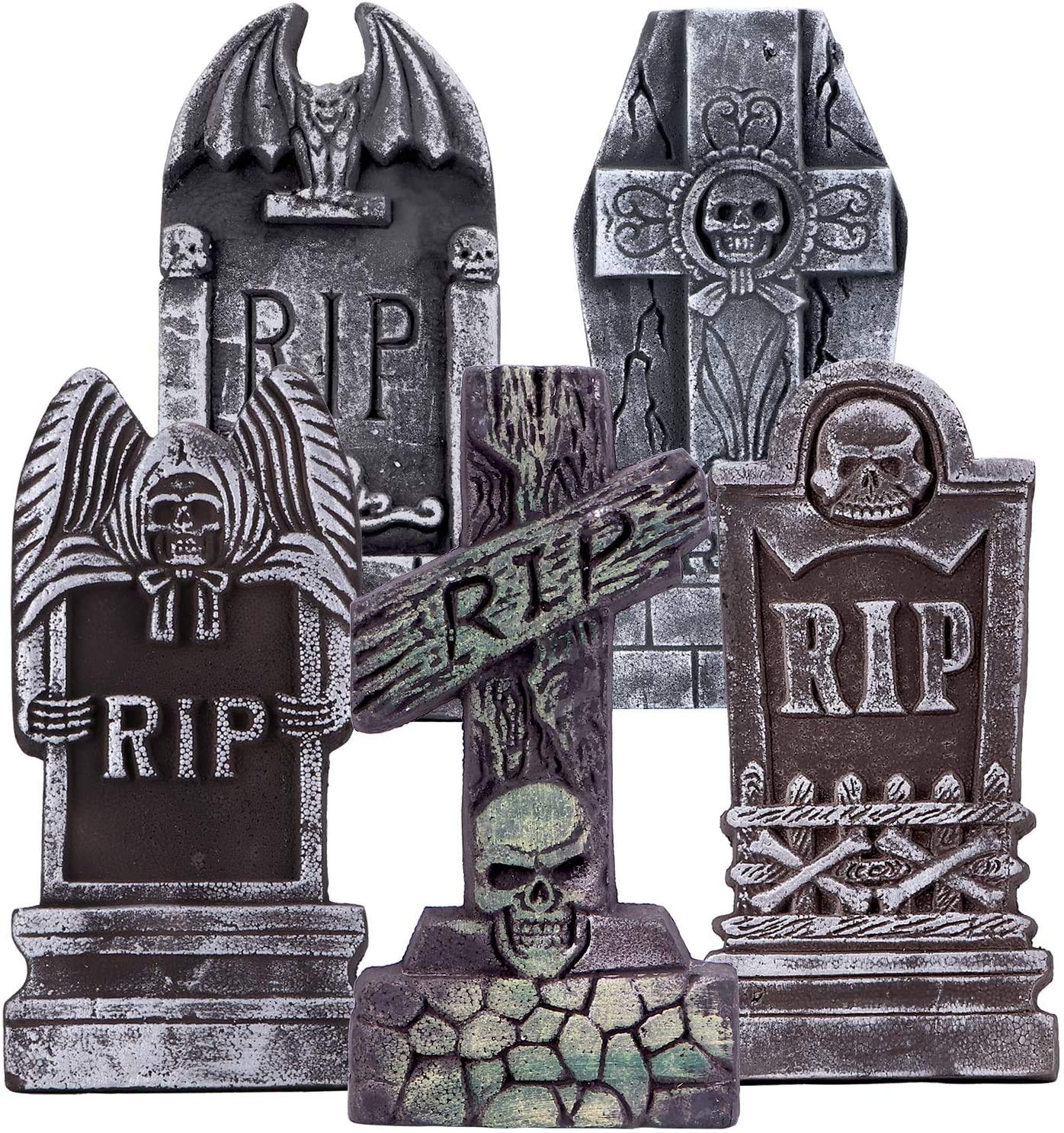 AYOGU 17” Halloween Foam RIP Graveyard Tombstones, 5 Pack Tombstone with 10 Metal Stakes for Halloween Decorations