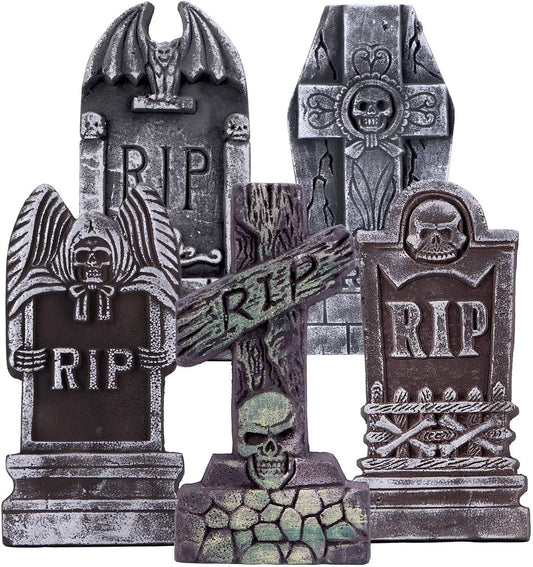 AYOGU 17” Halloween Foam RIP Graveyard Tombstones, 5 Pack Tombstone with 10 Metal Stakes for Halloween Decorations