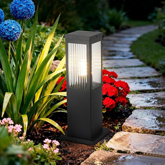Outdoor Landscape Path Light Stainless Steel Waterproof Bollard Lighting Hardwired E26 Glass Post Pillar Lights Black Modern Lawn Lighting Outside House Pathway Lamp For Garden Patio Yard Street Light