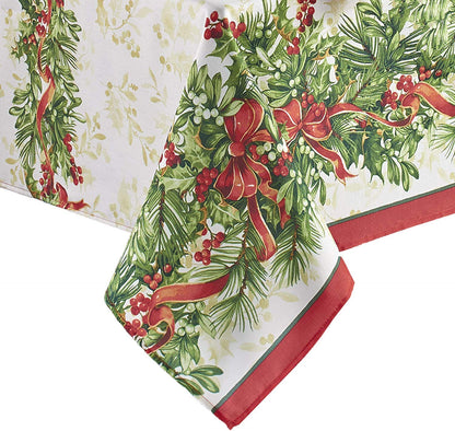 Newbridge Christmas Holly Ribbon Traditions Bordered 60 x 120 Inch Rectangle Fabric Tablecloth, Boughs of Holly and Berry Ribbon Garland Dining Table Cover for Holiday Party