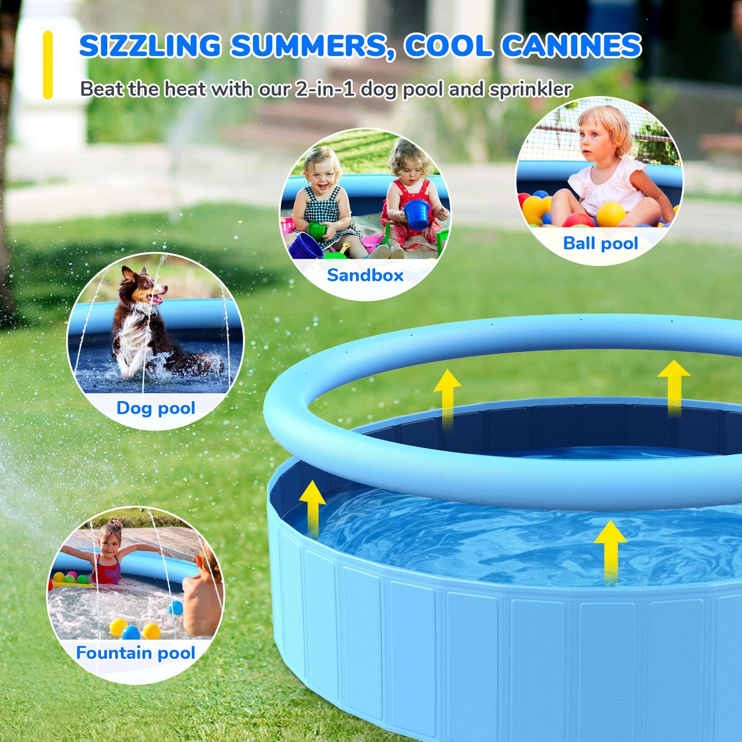 Bilibara 87'' Foldable Dog Pool, Sprinkler Pool for Kids, Non-Slip Heavy Duty Dogs Splash Pad for Small Dogs, Hard Plastic Kiddie Bathtubs for Backyard
