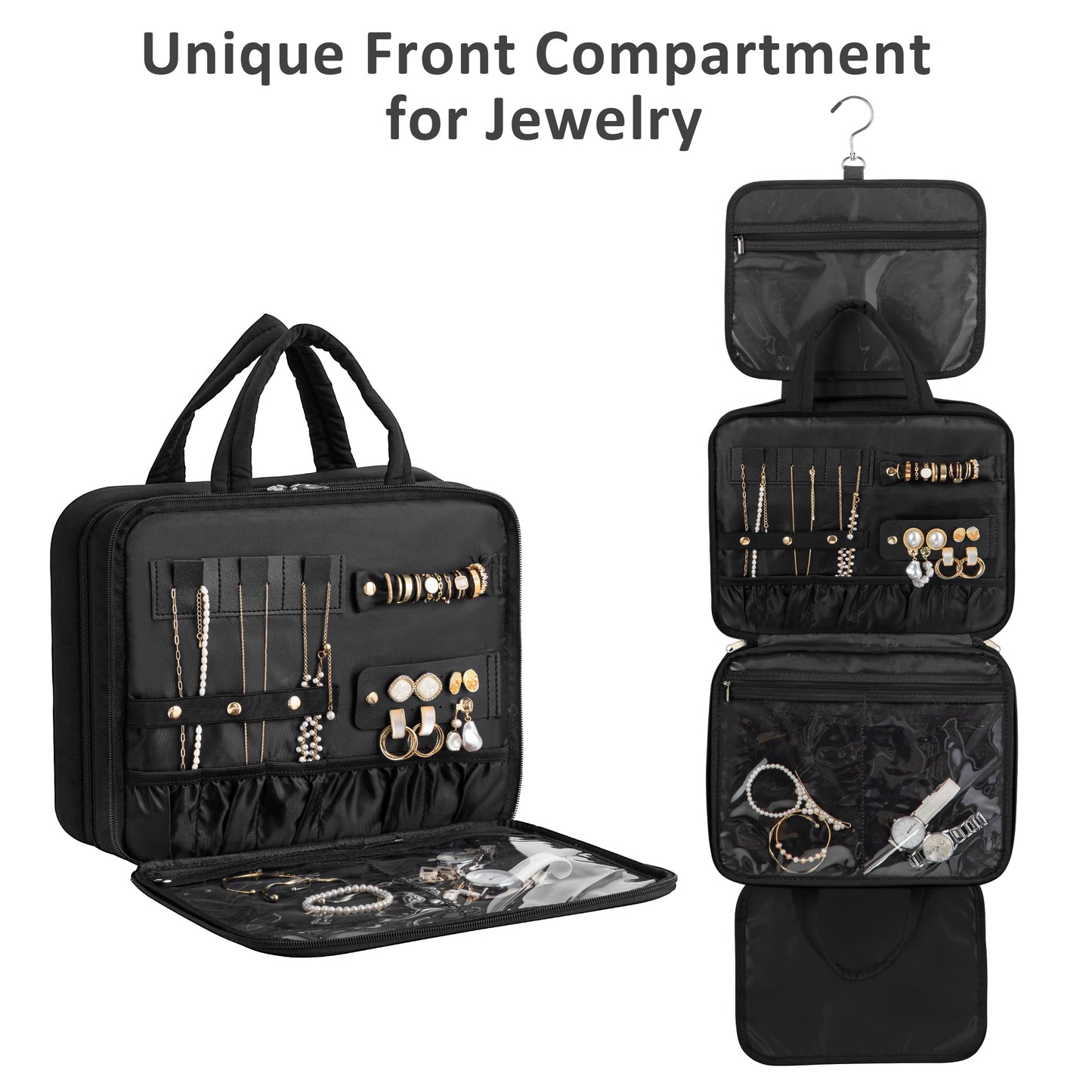 HBlife Travel Toiletry Bag with Jewelry Organizer for Women, Puffy Hanging Travel Bag for Toiletries with Trolley Belt, Waterproof Makeup Cosmetic Bag, Travel Accessories Essentials(Black, M)