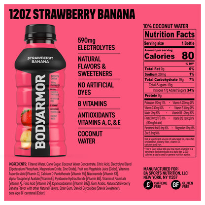 BODYARMOR Sports Drink Sports Beverage, Strawberry Banana, Coconut Water Hydration, Natural Flavors With Vitamins, Potassium-Packed Electrolytes, Perfect For Athletes, 12 Fl Oz (Pack of 8)