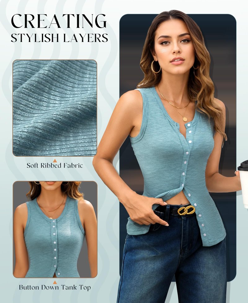 ADORPOP Ribbed Tank Tops for Women - Sleeveless Blouse Crew Neck Button Down Vest Shirts Slim Fit Summer Casual Basic Top Blue Medium