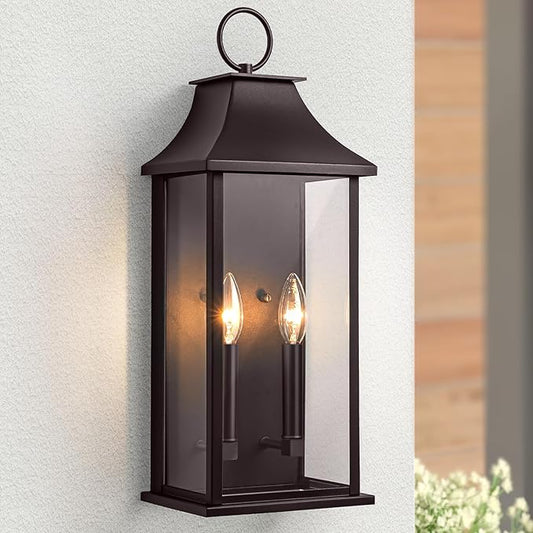 Dusk to Dawn Outdoor Wall Sconces 2-Light, 20.6" Large Outside Wall Sconce, Bronze Wall Light Fixture with Glass, Waterproof Exterior Lamp for House, Porch, Garage