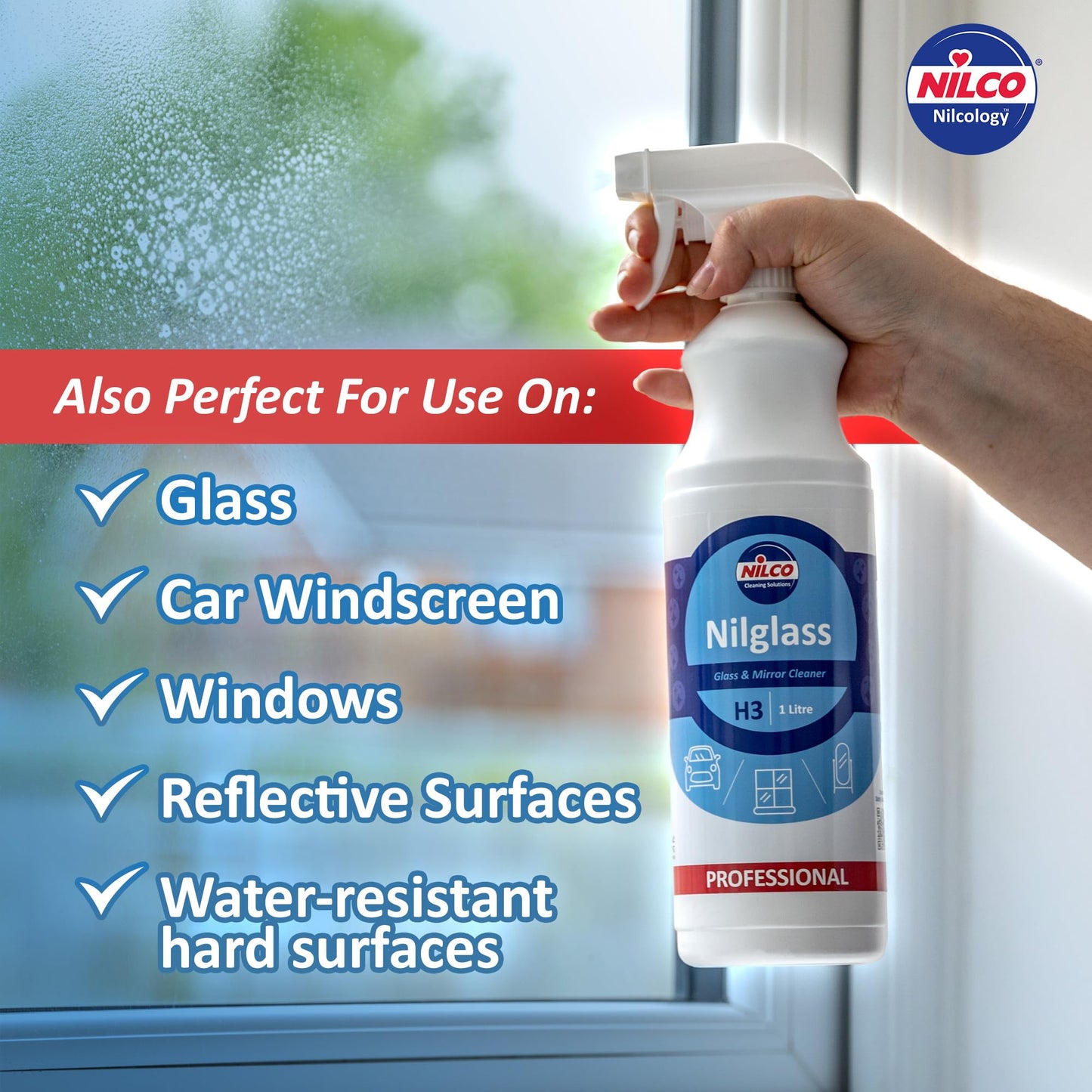 Nilco Set of 2 Nilglass Professional H3 Glass Mirror Cleaner 1 Litre - Trigger Spray Bottle For Cars Homes Window Cleaning No Smears Quick Easy to Use Also Very Good on Chrome - TWO PACK