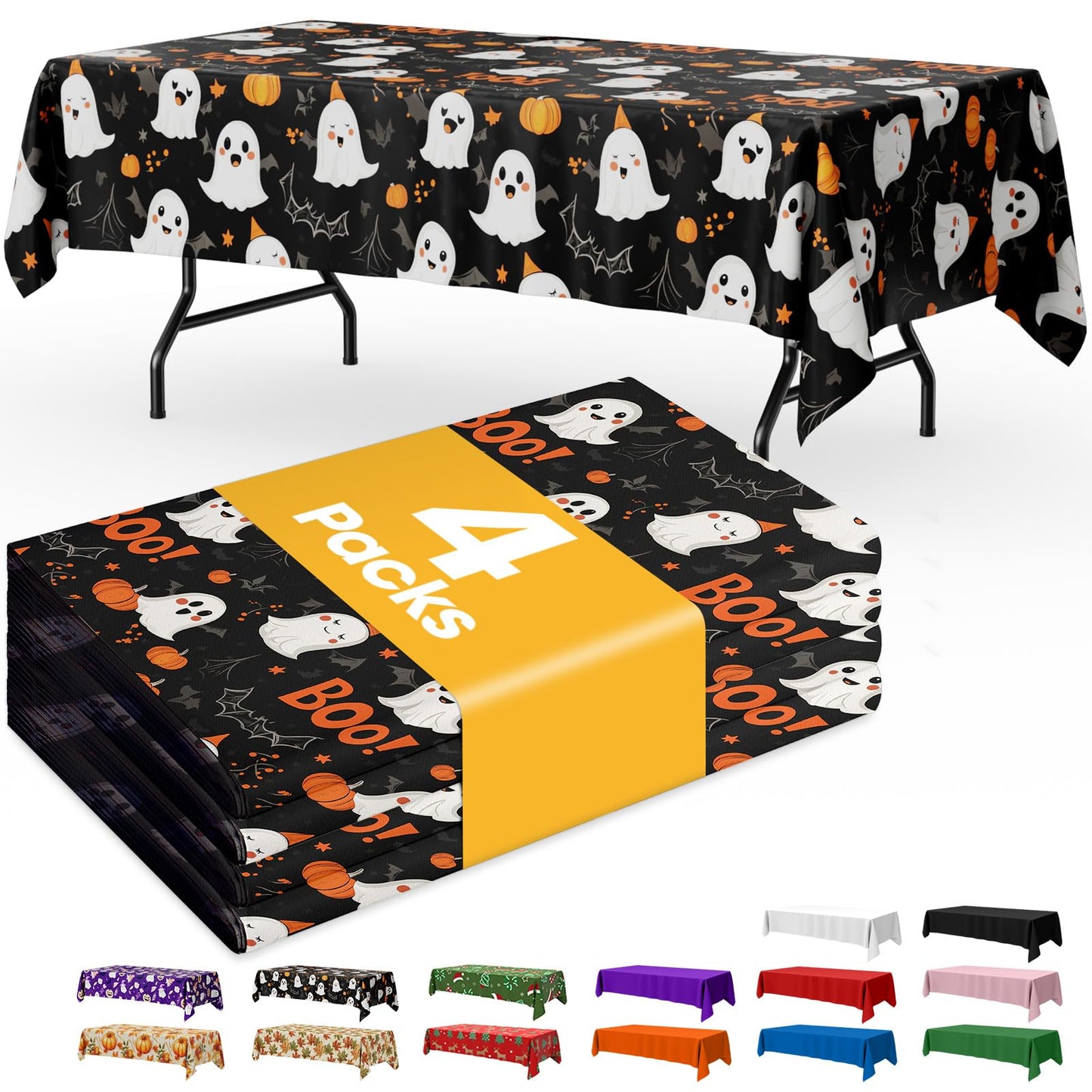 Niuara Halloween Black Plastic Table Cloth - 4 Pack 54" × 108" Rectangle Disposable Tablecloths for 6FT Tables, Waterproof Table Cover for Party, Holiday & Gathering Use