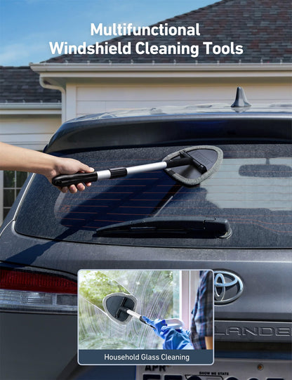 AstroAI Car Windscreen Cleaner, 4 Reusable and Washable Microfiber Pads, Windshield Cleaning Wand Tool with Telescopic and Extendable Handle Auto Inside Glass Wiper Kit, Grey