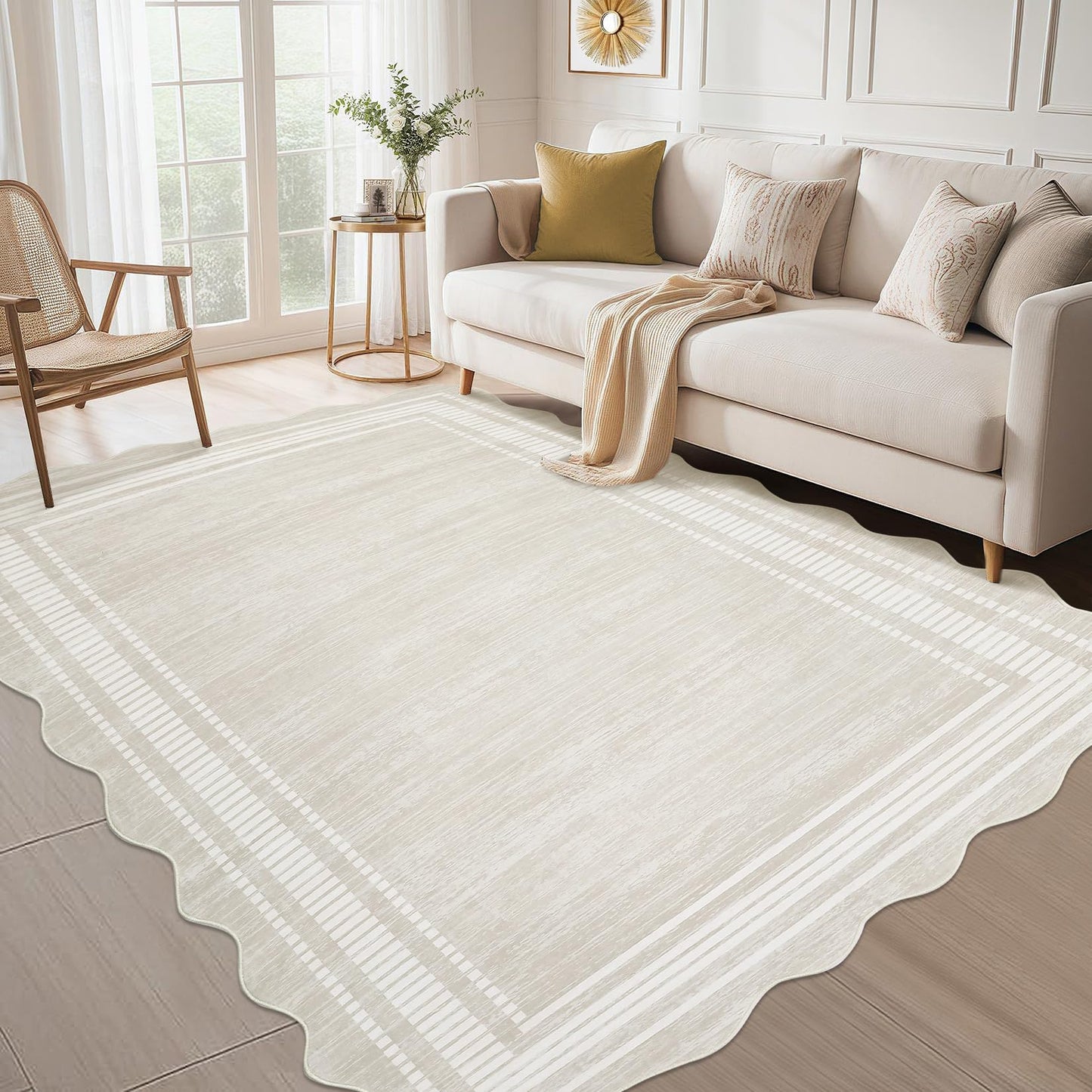 Garvee Scalloped Modern Abstract Area Rug 8x10 Washable Rug for Living Room, Non-Slip Soft Carpet for Bedroom, Scalloped Low-Pile Solid Print Accent Rug for Dining Room Home Office, Beige