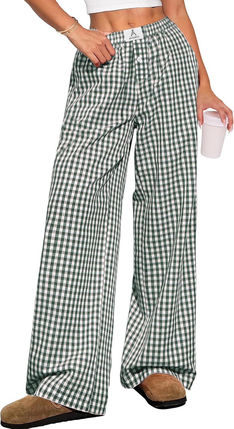ANRABESS Womens Striped Gingham Pants 2025 Pajama Lounge Boxer Pants Cute Comfy PJ Bottoms with Pockets Y2K Plaid Outfits