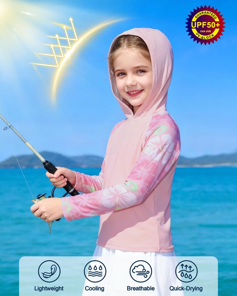 DRONIRING Boys Rash Guard Swim Hoodie, UPF 50+ UV Sun Protection Long Sleeve Fishing Shirt, Kids Youth SPF Water Shirts Pink
