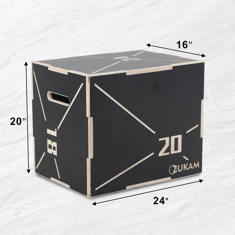 ZUKAM Non-Slip Wood Plyometric Jump Box- 3-in-1 Wooden Plyo Box for Home Gym and Outdoor Workout (24" x 20" x 16")