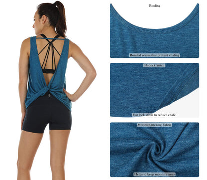 icyzone Workout Tank Tops for Women - Open Back Strappy Athletic Tanks, Yoga Tops, Gym Shirts(Pack of 2) (L, Black/Denim)