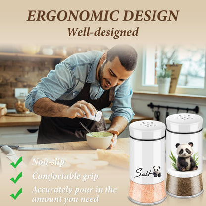 Panda Salt and Pepper Shakers Set,5 oz Glass Bottom Salt Pepper Shaker with Stainless Steel Lid Kitchen Decor and Accessories Refillable Design(Panda Sitting)